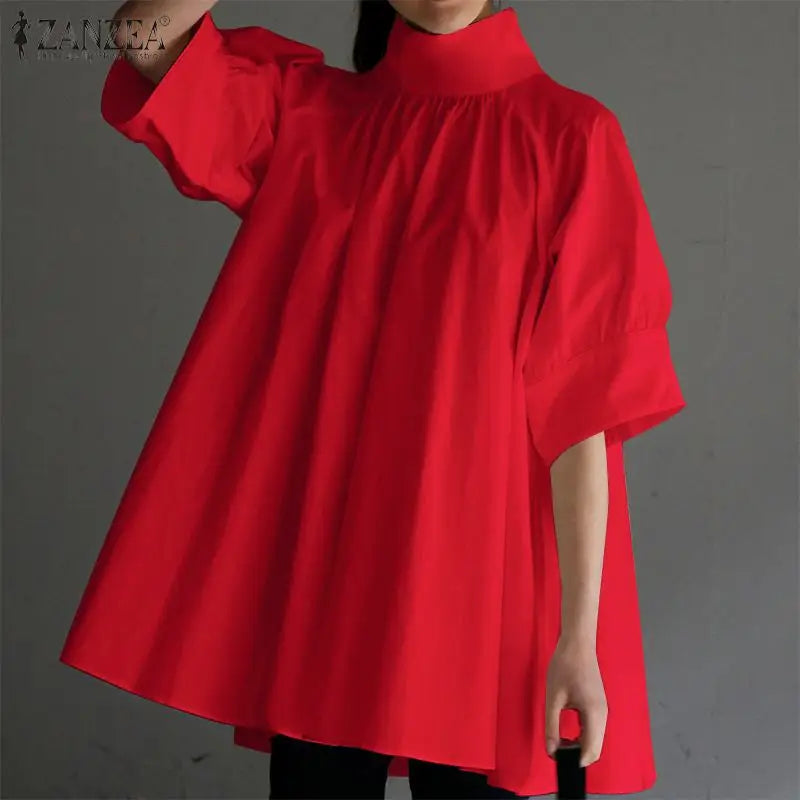 ZANZEA Elegant Women High Collar Half Sleeve Blouse Summer Casual Loose Shirt Fashion Work OL Tops Female Party Blusas Chemise