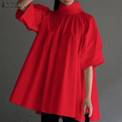ZANZEA Elegant Women High Collar Half Sleeve Blouse Summer Casual Loose Shirt Fashion Work OL Tops Female Party Blusas Chemise