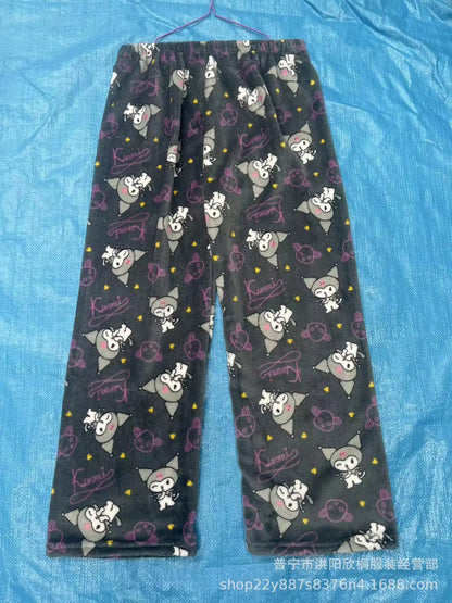 2024 New Sanrio Hello Kitty Kuromi Flannel Pajamas Warm Pants Female Winter Fleece Casual Homewear Pants Leisure Wear Girl Gift