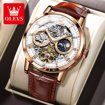 OLEVS Brand New Luxury Moon Phase Tourbillon Watch for Men Leather Strap Waterproof Fashion Skeleton Mechanical Watches Mens