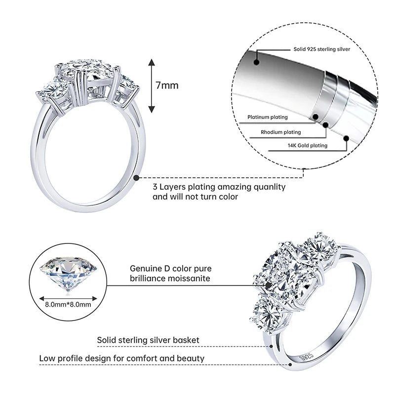 IOGOU Three Stone 3.5cttw D Moissanite Engagement Rings 925 Sterling Silver Finger Rings for Women High Quality Wedding Jewelry