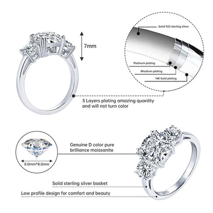 IOGOU Three Stone 3.5cttw D Moissanite Engagement Rings 925 Sterling Silver Finger Rings for Women High Quality Wedding Jewelry
