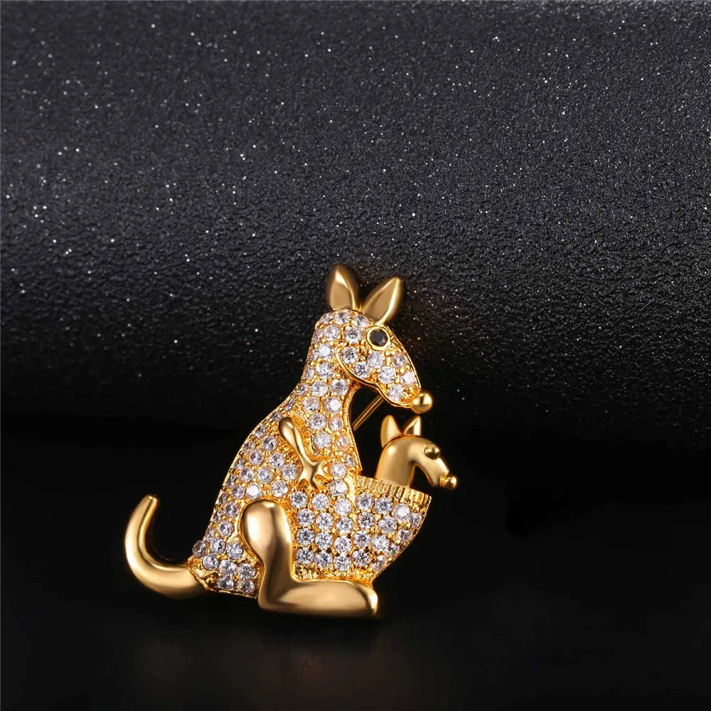 Clear White CZ Kangaroo Mother and Child Brooches Pin for Woman Cubic Zirconia Pave Setting Luxury Style Jewelry Gift for Her