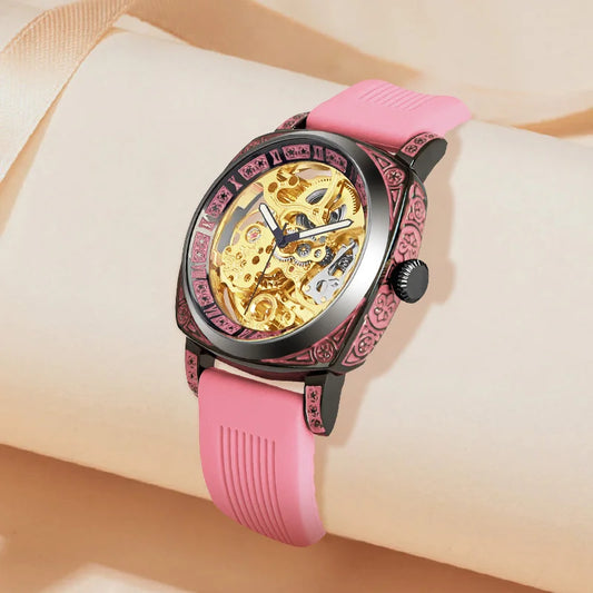 A women's pink tape fashionable Roman numeral tourbillon automatic mechanical watch