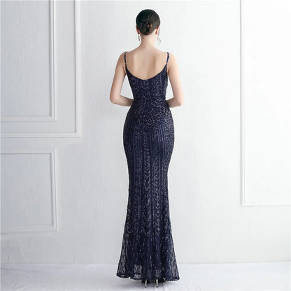 Women's Black Long Sleeve Padded Strap Sequin Dress Length, Sparkles Stretch, V Neck Mermaid, Formal Evening Dress, Night Party