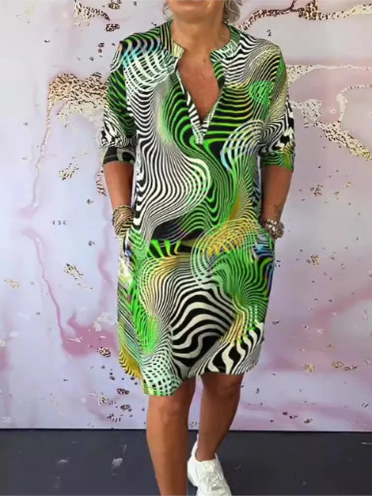 Elegant Printed V-neck Mid-sleeve Dress For Women New Summer Fahsion Casual Loose Office Holiday Party Dresses Women Clothe