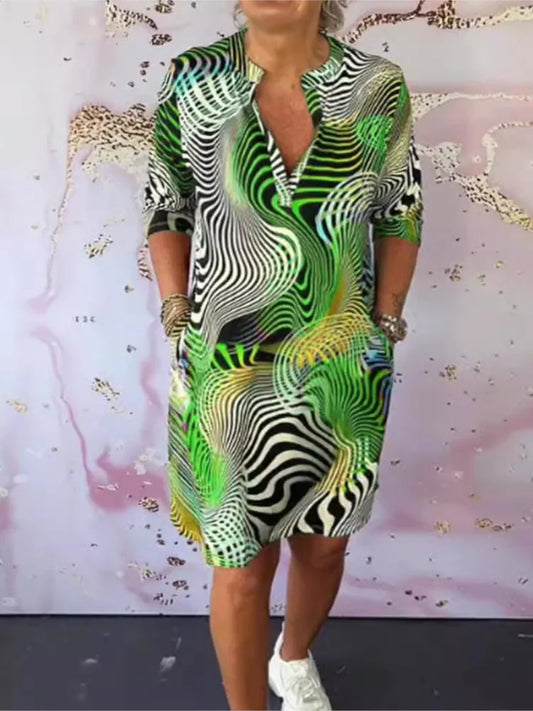 Elegant Printed V-neck Mid-sleeve Dress For Women New Summer Fahsion Casual Loose Office Holiday Party Dresses Women Clothe