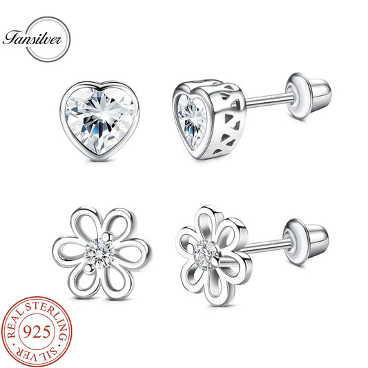 Fansilver 2pcs 925 silver Screw Back Earrings for Women Heart Flower CZ Earring Studs Tragus Cartilage Piercing Jewelry