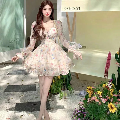 レディースドレス オフショルダー 花柄プリント 長袖 フリル パーティーミニドレス フリル スリムショートドレス フェアリー スイート