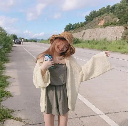 Women's Y2K Korean Cropped Cardigan - Loose Knit Summer Cover-Up for Beach Outfits & Casual Layers