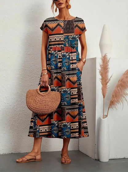 Fashion Women's Cotton and Linen Dress, Round Neck Printed Short Sleeved A-line Maxi Skirt, Unique Floral Long Dresses Vestidos