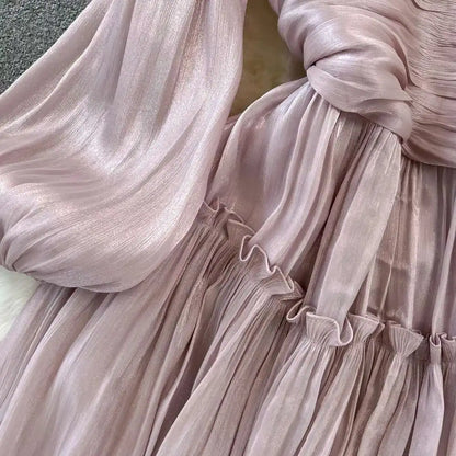 Elegant Long Sleeve Midi Party Dresses Women Summer Autumn Bright Faux Silk Retro Solid Evening Party Vestidos