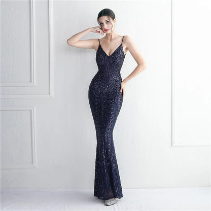Women's Black Long Sleeve Padded Strap Sequin Dress Length, Sparkles Stretch, V Neck Mermaid, Formal Evening Dress, Night Party