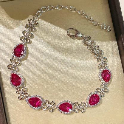 OEVAS S925 シルバープレート 18K ゴールド ラボグロウンルビー／ハイカーボンダイヤモンド ブレスレット レディース用 キラキラ輝くラグジュアリーラボダイヤモンドブレスレット
