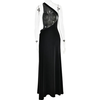 Sibybo Oblique Shoulder Sleeveless Ruched Maxi Dress For Women Gown Elegant Metal Rings Backless Bodycon Long Dresses Vestidos
