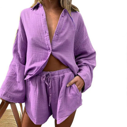 2 Pcs/Set Women Blouse Pants Set Solid Color Turn-down Collar Elastic Waist Deep Crotch Fall Shirt Shorts Suit Female Clothes
