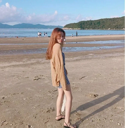 Women's Y2K Korean Cropped Cardigan - Loose Knit Summer Cover-Up for Beach Outfits & Casual Layers
