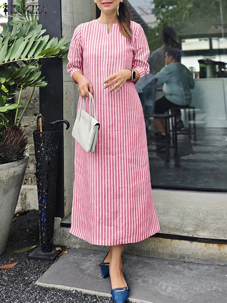 2025 Autumn Striped Dresses ZANZEA Fashion Women V Neck Long Sleeve Work Dress Elegant Office OL Sundress Maxi Long Vestido Robe
