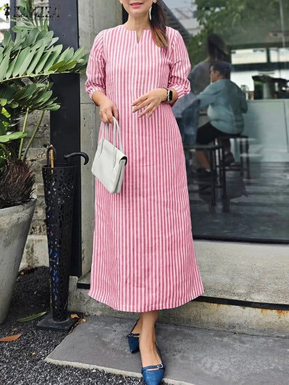 2025 Autumn Striped Dresses ZANZEA Fashion Women V Neck Long Sleeve Work Dress Elegant Office OL Sundress Maxi Long Vestido Robe