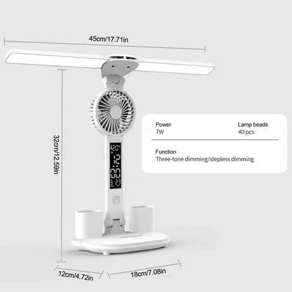 Rechargeable Table Lamp for Study, Desk Lamp Reading Light Led Table Light with Fan, Led Clock Dispaly Reading Lamp