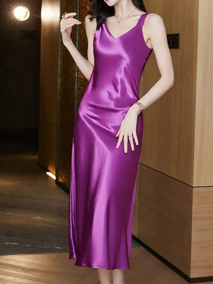 #4930 Sleeveless Spaghetti Straps Midi Satin Dress Women Solid Color V-neck Sexy A-line Party Dresses Women Evening Summer 2025