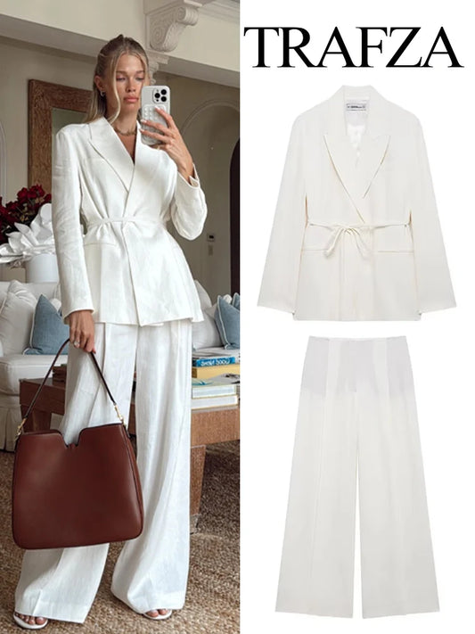 TRAFZA Women's Suits White Turn-Down Collar Long Sleeves Lace-Up Blazers+High Waist Zipper Long Pants Female Spring Fashion Sets