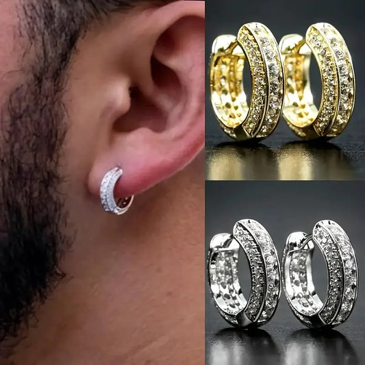 Vintage Hip Hop Round Hoop Earrings for Men Crystal Cubic Zirconia Fashion Versatile Male Jewelry Trend Circle Earring Gift