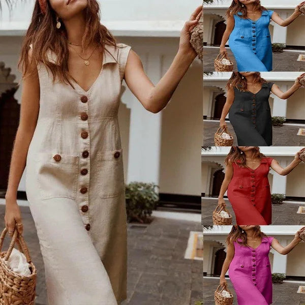 Summer Fashion V-Neck Button Dress Women Sleeveless Office Party Casual Dresses Female Solid New Vestidos