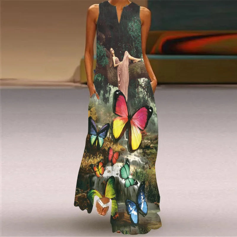 Summer Sexy Maxi Dresses Women Sleeveless V-Neck Robe Party 2025 Retro Loose Beach Vestidos Y2k  S-5XL