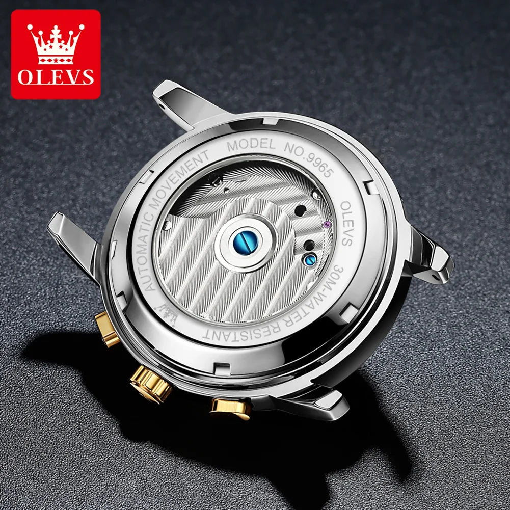 OLEVS ブランド ファッション ブルー 機械式 メンズ 腕時計 ステンレス 防水 蓄光 カレンダー ラグジュアリー トゥールビヨン メンズウォッチ