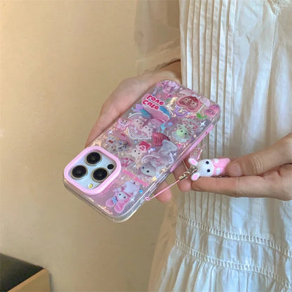 高級レーザーレインボーキュートピンクハートラブキャット漫画電話ケース iPhone 12 13 14 15 16 Pro Max Y2k 3Dふわふわ猫人形ストラップ
