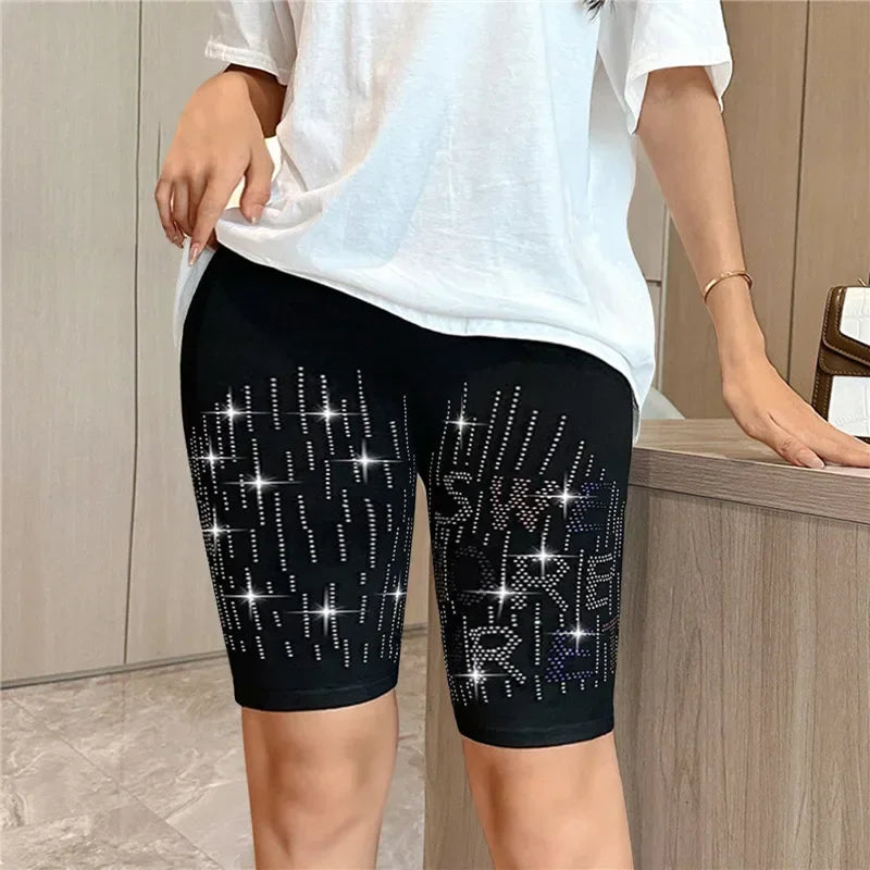 ブラックストレッチラインストーンスキニーホットパンツ レディースレギンス パールレター入り ホットドリル ニー丈伸縮パンツ スリムヨガレギンス