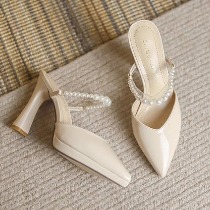 Women Slippers Female Shoes Pointed Toe Mules for Women 2024 Thin Heels Slippers Soft Beige Heeled Slides Fashion New Comfort