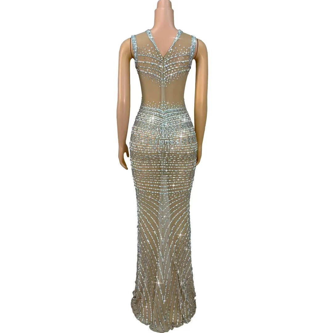 Shuanggouqun Sleeveless Tight Sexy Full Diamond Pearl Split Long Dresses Women Birthday Party Dinner Bar DJ Performance Costume