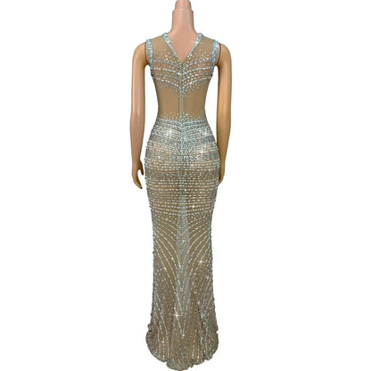 Shuanggouqun Sleeveless Tight Sexy Full Diamond Pearl Split Long Dresses Women Birthday Party Dinner Bar DJ Performance Costume
