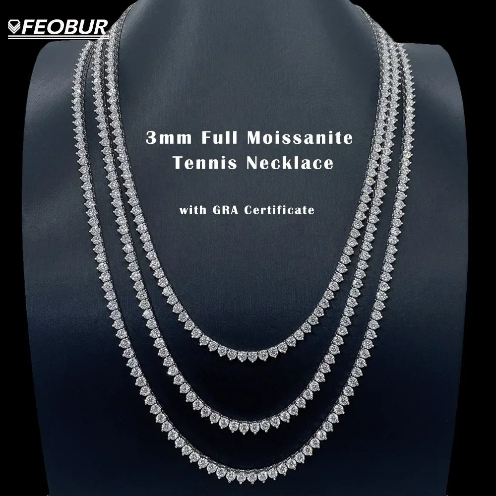 FEOBUR 3mm モアサナイト テニスネックレス レディース メンズ S925 スターリングシルバー フルダイヤモンド ネックチェーン GRA トレンディジュエリー ギフト