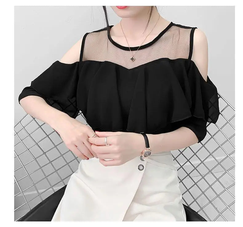 Off Shoulder Sexy Chiffon Blouses Women 2025 Summer Korean Fashion Clothes Ruffles Slim Sweet Ladies Casual Lace Tops Shirts Y2k