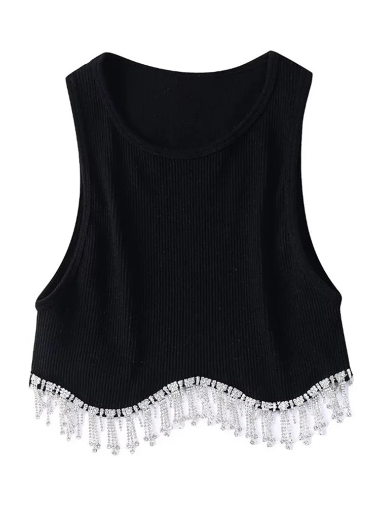 High Street Sexy Hem Tassel Diamond Beading Knitting T Shirt Chic Short Camis Tank Lady Slim Crop Vest Tops