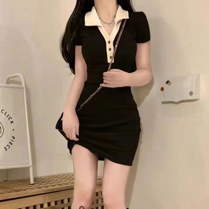 セクシースリムフィット長袖ポロネックミニスカートワンピース ショート丈 ポリエステル繊維 レディースファッション 春秋 韓国風