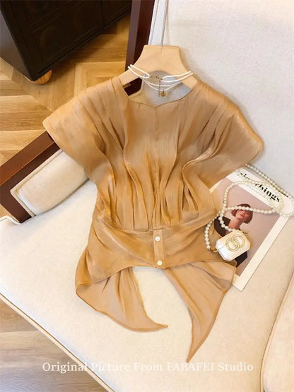 French Cross V-Neck Chiffon Blouse Women's Summer Premium Linen Sleeveless Irregular Tulle Top