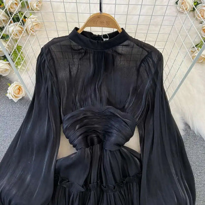 Elegant Long Sleeve Midi Party Dresses Women Summer Autumn Bright Faux Silk Retro Solid Evening Party Vestidos
