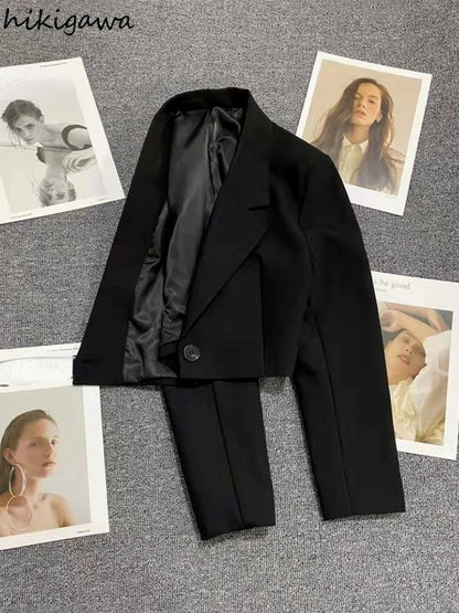 エレガントなブラックブレザー、ファッションクロップトップ、2025年ジャケット、レディース服、カジュアルブレザー、女性用ベスト、ゆったりとした長袖コート