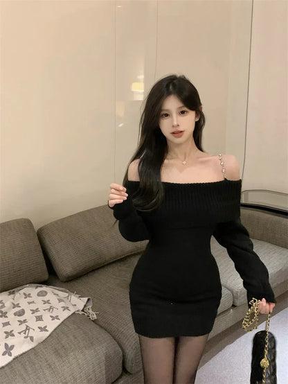 夏のセクシーでエレガントなニットワンピース レディース オフショルダー ボディコン ミニドレス 韓国風 長袖 パーティードレス スラッシュネック