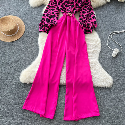 SINGREINY Autumn Leopard Long Jumpsuits V Neck Long Sleeves Belt Wide Legs Pants Women American Retro Senior Office Lady Rompers