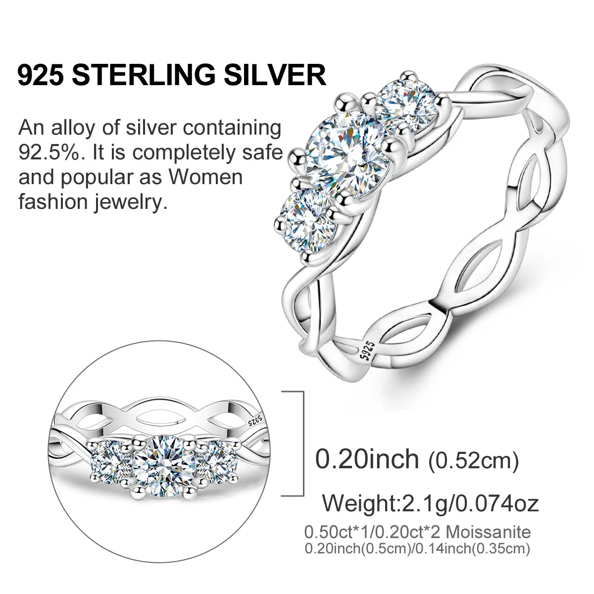 Total 0.9CT Moissanite Ring 100% S925 Sterling Silver for Women Female Eternity Sparkling Classic Band Wedding Rings Jewelry