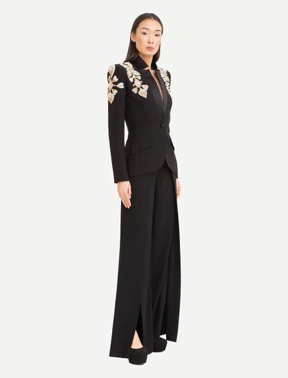 HIGH STREET Newest 2024 Designer Suit Women Beaded Diamonds Stand Collar Single Button Blazer Wide-leg Pants Set 2PCS