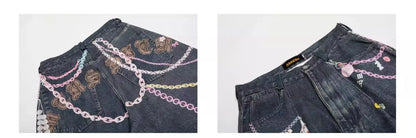 Chain Print Blue Jeans orts Men's Summer Loose Straight Leg Seven-Foot Pants Casual High Waist Corduroy Youth Faion