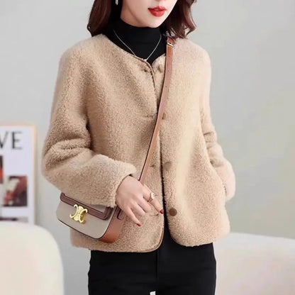 Autumn Winter Women Korean Fashion Luxury Chic Lamb Plush Button Jackets Retro Elegant Solid O Neck Long Sleeve Loose Warm Coats