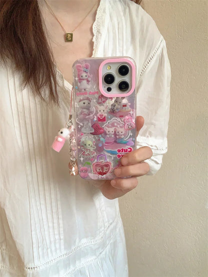 高級レーザーレインボーキュートピンクハートラブキャット漫画電話ケース iPhone 12 13 14 15 16 Pro Max Y2k 3Dふわふわ猫人形ストラップ