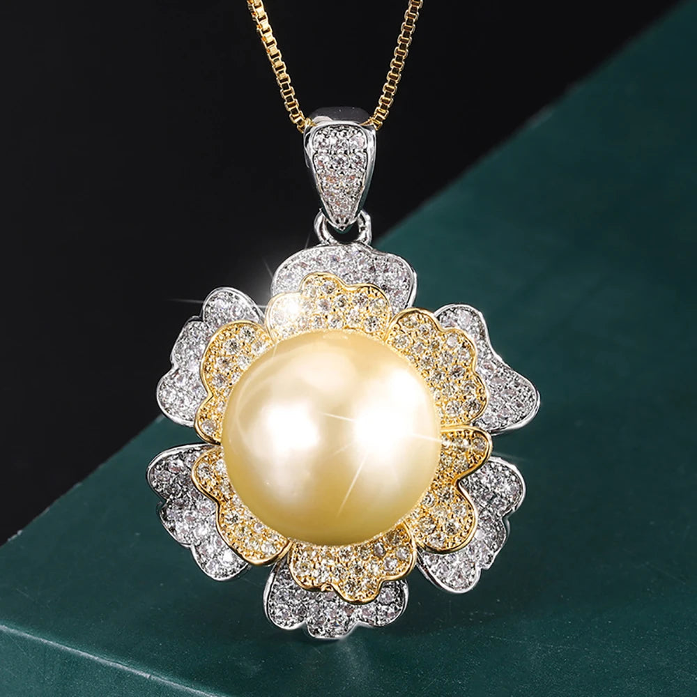 KNRIQUEN Charm 14mm White Gold Big Pearl Pendant Necklace for Women Lab Diamonds Anniversary Gift Party Fine Jewelry Accessories